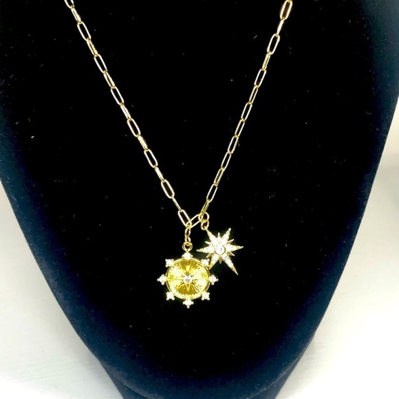 New Jennifer Miller starburst charm necklace 14K gold paper clip chain CZ - Picture 4 of 10
